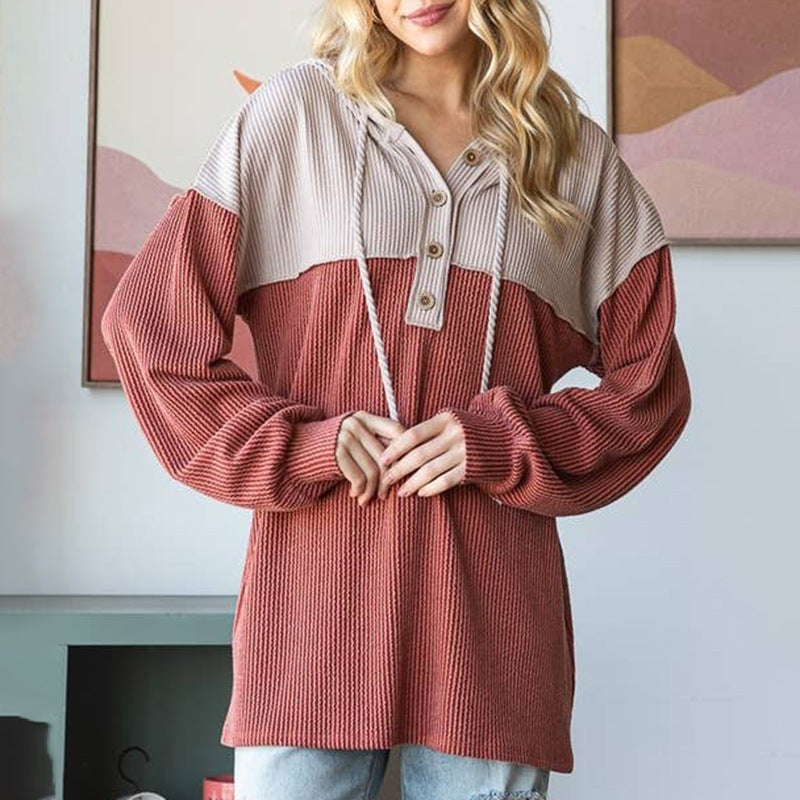 Women’s Hoodie – Loose Fit – Ribbed Knit – Two-Tone Color Block – Henley Placket