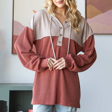 Women’s Hoodie – Loose Fit – Ribbed Knit – Two-Tone Color Block – Henley Placket