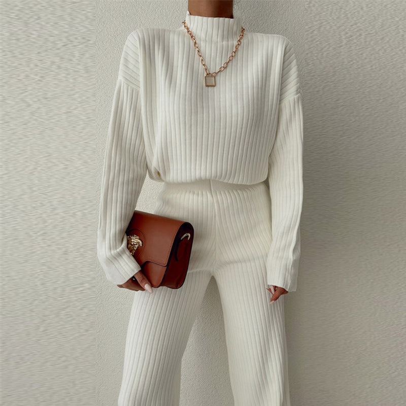 Women’s Knit Two-Piece Set – Ribbed Texture – Semi-High Neck – Relaxed Fit – Long Sleeve