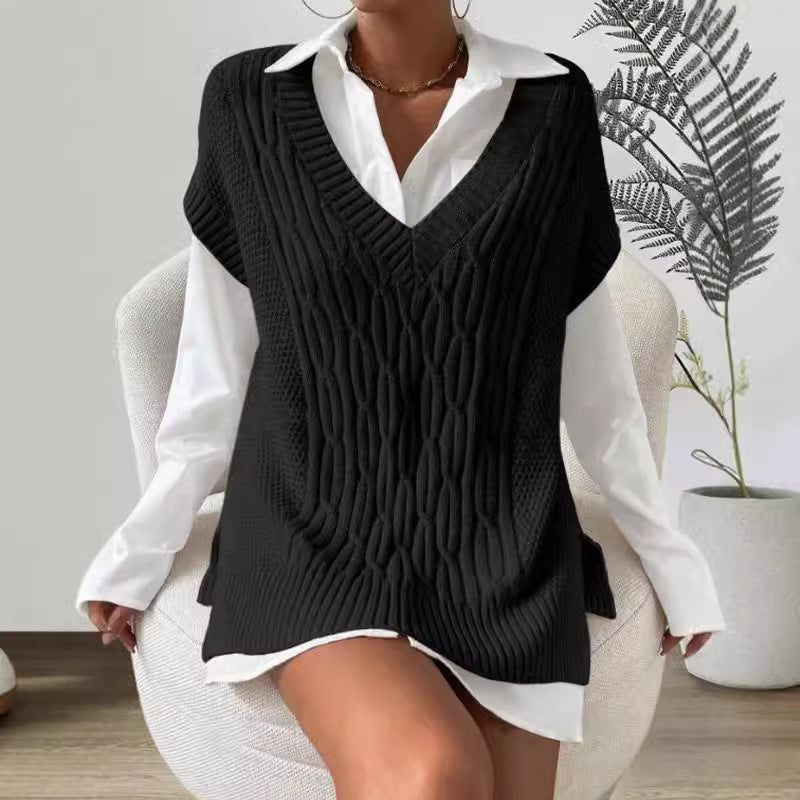 Women’s Sweater Vest – Cable Knit – Oversized Fit – Deep V-Neck – Sleeveless Layering