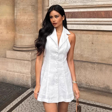Women’s Halter Neck Dress – Linen Blend – V-Neck A-Line – Mini Length – Button Front