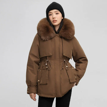 Women’s Parka Jacket – Relaxed Fit – Faux Fur Collar – Drawstring Waist – Mid-Thigh Length