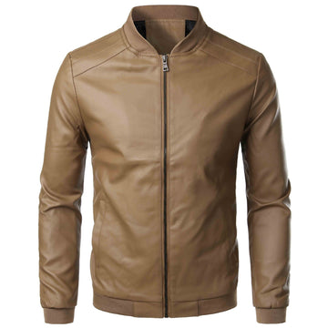 Men’s Leather Jacket – Slim Fit – Stand Collar – Zipper Front – Ribbed Cuffs and Hem