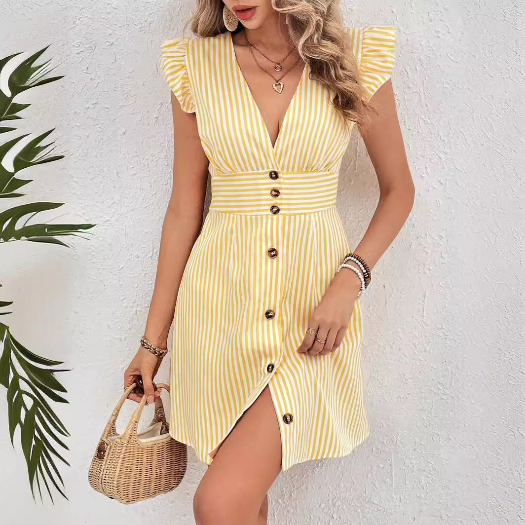 Women’s A-Line Dress – V-Neck – Ruffle Cap Sleeves – Button Front – Striped Cotton