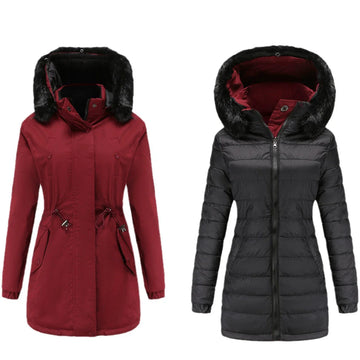 Women’s Parka Jacket – Relaxed Fit – Faux Fur Hood – Adjustable Waist – Mid-Thigh Length