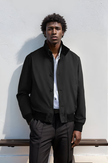 Men’s Bomber Jacket – Slim Fit – Button-Up Front – Ribbed Cuffs and Waistband