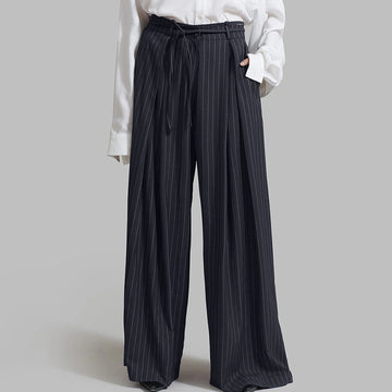 Women's Wide-Leg Trousers - High Waist - Pinstripe Draped Suit Pants - Relaxed Fit