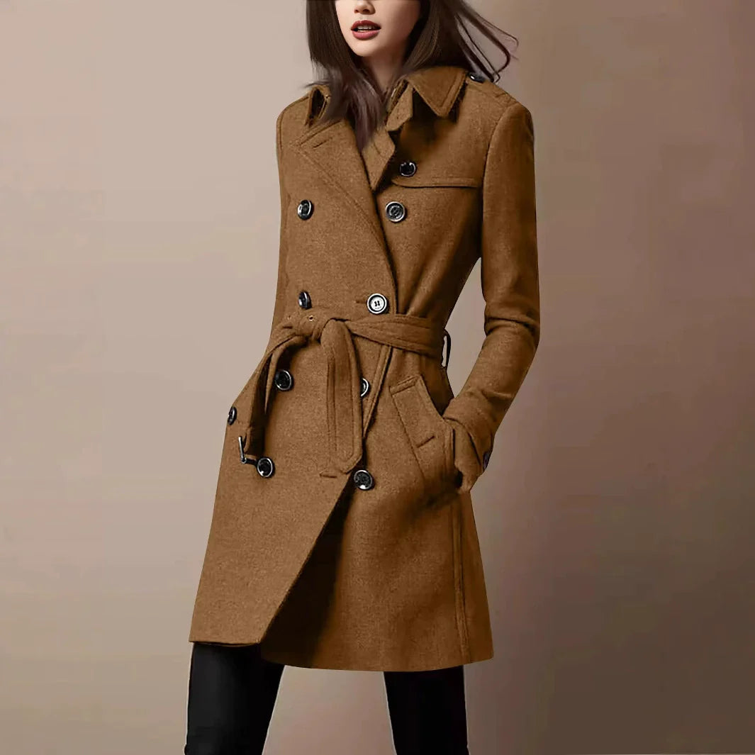 Women’s Coat – Slim Fit Wool Blend – Double-Breasted – Belted Waist – Mid-Thigh Length