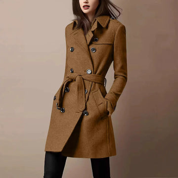 Women’s Coat – Slim Fit Wool Blend – Double-Breasted – Belted Waist – Mid-Thigh Length