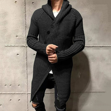 Men’s Cardigan – Chunky Knit – Longline Relaxed Fit – Hooded Shawl Collar – Asymmetrical Closure