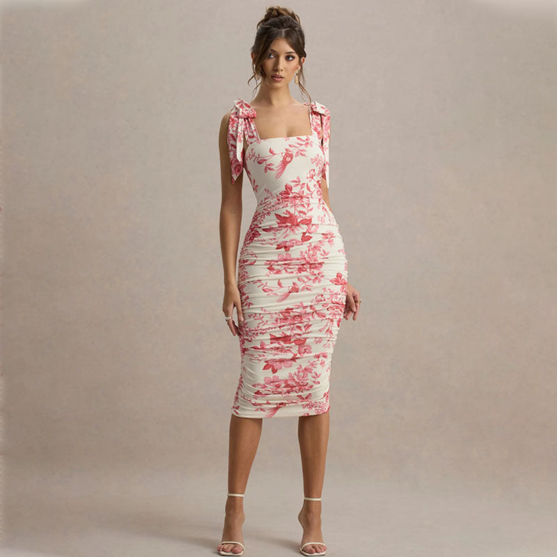 Women’s Bodycon Dress – Floral Print – Tie Straps – Ruched Slim Fit Midi