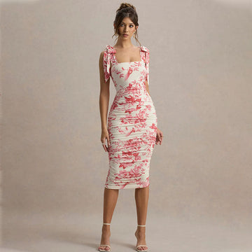 Women’s Bodycon Dress – Floral Print – Tie Straps – Ruched Slim Fit Midi