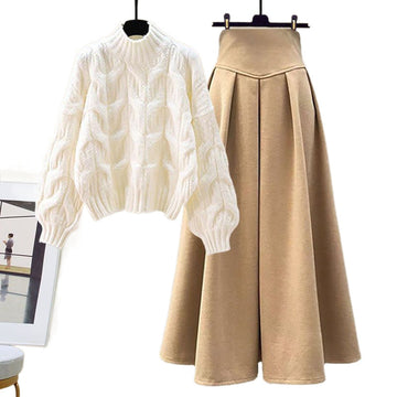 Women’s Two-Piece Set – Oversized Cable Knit Sweater – High-Waist A-Line Midi Skirt