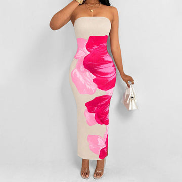 Women’s Strapless Dress – Slim Fit – Floral Print – Full Length Evening Wear