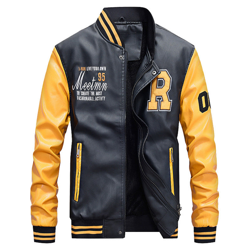 Men’s Varsity Jacket – Leather Body – Ribbed Trim – Snap Front – Embroidered Patches