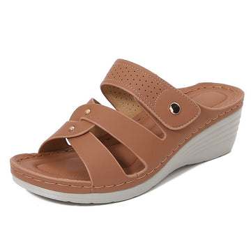 Women’s Wedge Sandals – Faux Leather – Open Toe – Rivet Strap – Slip-On Comfort