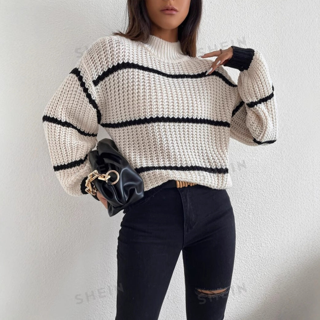 Women’s Sweater – Relaxed Fit – Wool Blend Knit – Chunky Stripe – Crew Neck – Long Sleeve