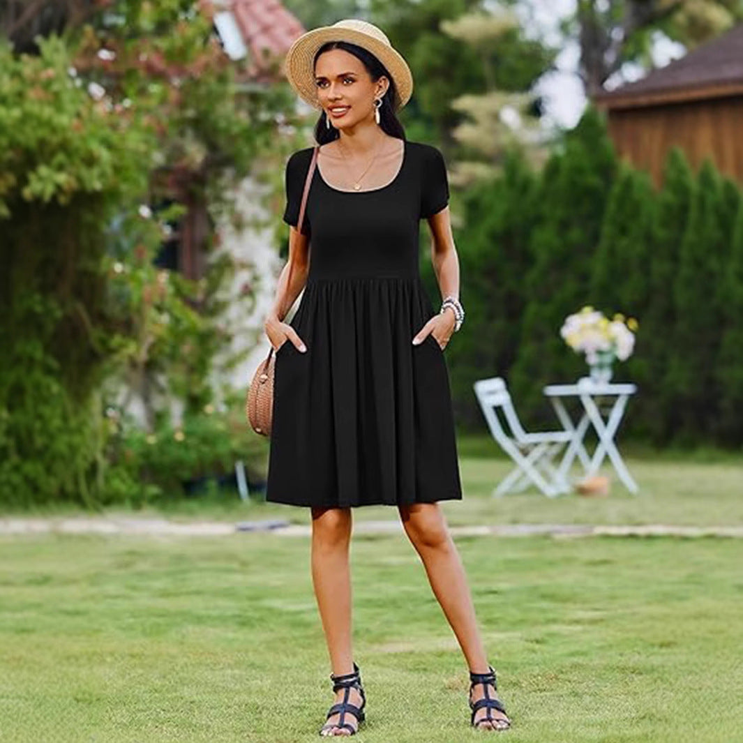 Women’s Dress – Fit and Flare – Round Neck – Short Sleeve – Patterned Skirt – Knee Length