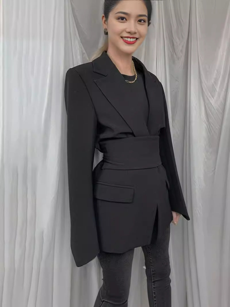 Women’s Blazer – Tailored Fit – Longline Silhouette – Self-Tie Waist – Notched Lapel
