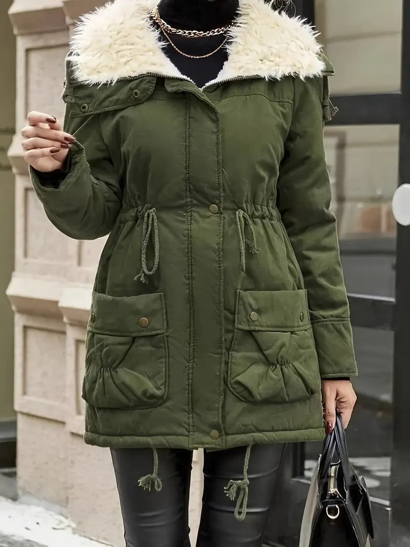 Women’s Parka Jacket – Mid-Length Relaxed Fit – Faux Fur Hood – Utility Pockets – Drawstring Waist