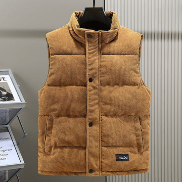 Men’s Quilted Vest – Corduroy – Padded Layer – Stand Collar – Snap Front – Casual Fit