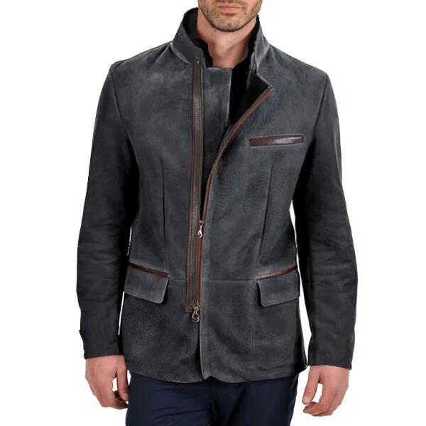 Men’s Suede Jacket – Slim Fit – Stand Collar – Zipper Front – Multi-Pocket Design