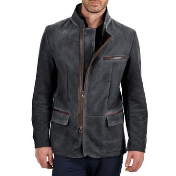 Men’s Suede Jacket – Slim Fit – Stand Collar – Zipper Front – Multi-Pocket Design