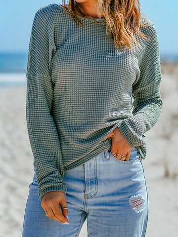 Women’s Long Sleeve Top – Waffle Knit – Relaxed Fit – Drop Shoulder – Soft Texture