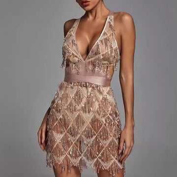 Women’s Midi Dress – Fitted Silhouette – Sequin Tassels – Plunging V-Neck Evening Wear