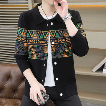 Men’s Knitted Jacket – Slim Fit – Geometric Pattern – Shirt Collar – Long Sleeve