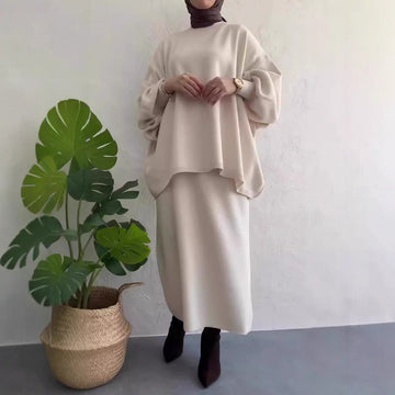 Women’s Two-Piece Knit Sweater and Skirt Set – Relaxed Fit – Wool Blend – Midi Length Skirt