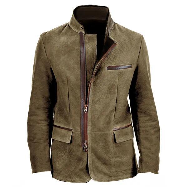 Men’s Suede Jacket – Slim Fit – Stand Collar – Zipper Front – Multi-Pocket Design