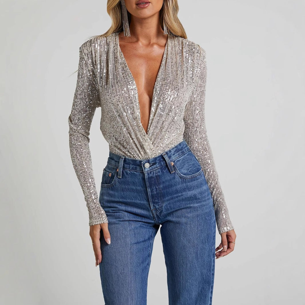 Women’s Bodysuit – Slim Fit – Deep V-Neck – Sequin – Long Sleeve Party Wear