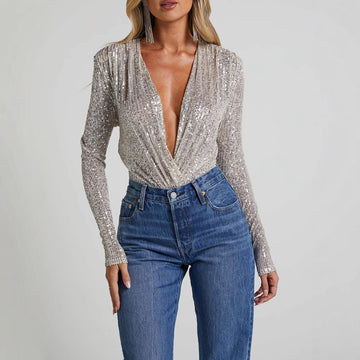 Women’s Bodysuit – Slim Fit – Deep V-Neck – Sequin – Long Sleeve Party Wear