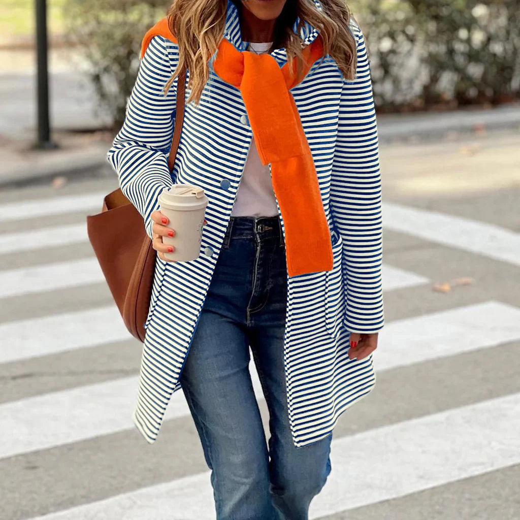 Women’s Trench Coat – Relaxed Fit – Mid-Thigh Length – Striped – Double-Breasted