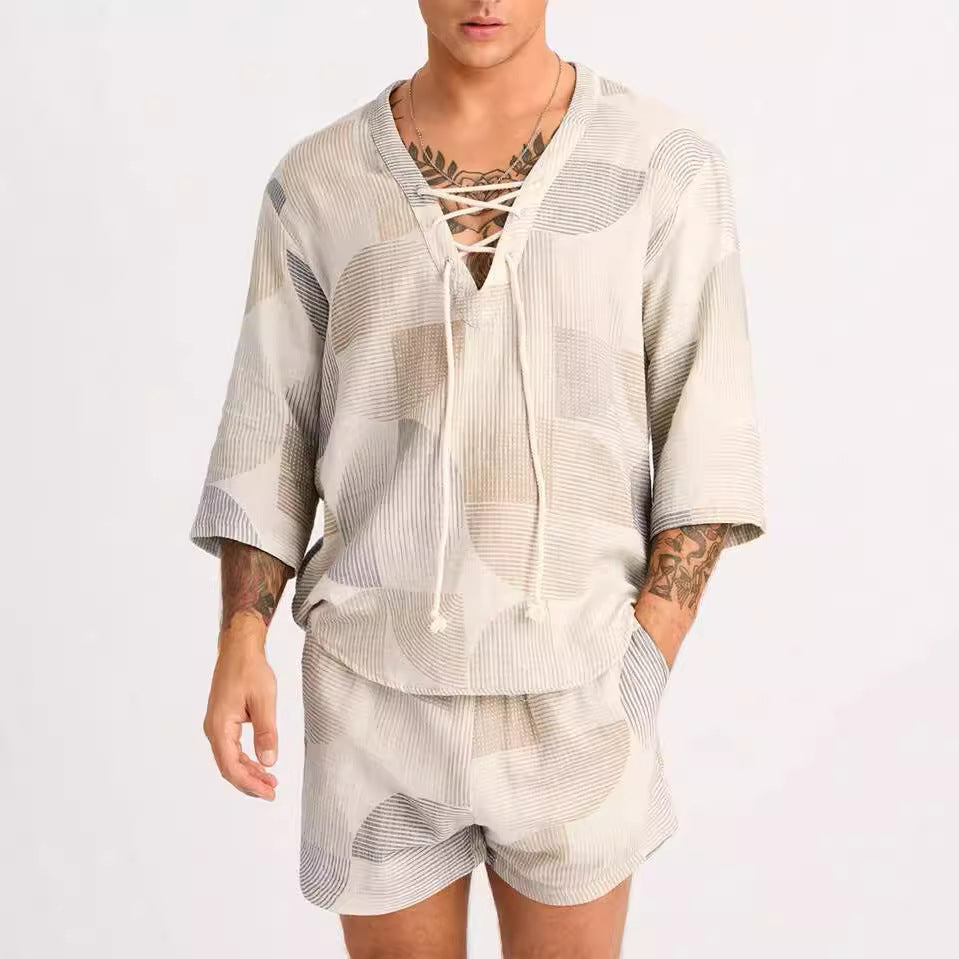 Men’s Matching Set – Lace-Up Shirt & Shorts – Relaxed Fit – Breathable Fabric Blend
