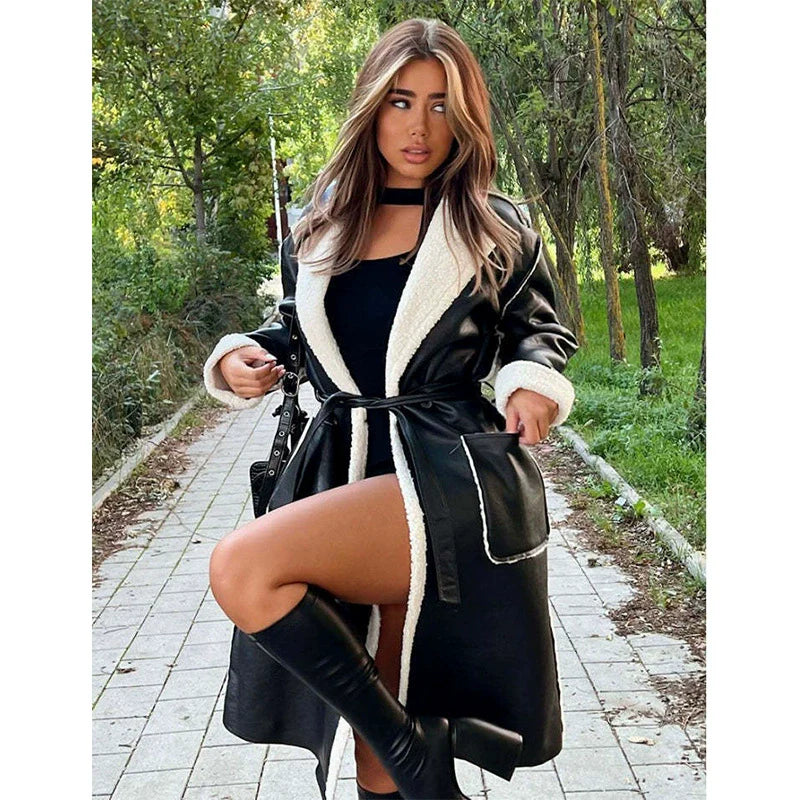 Women’s Long Coat – Faux Leather – Oversized Wrap Fit – Plush Trim – Tie Belt