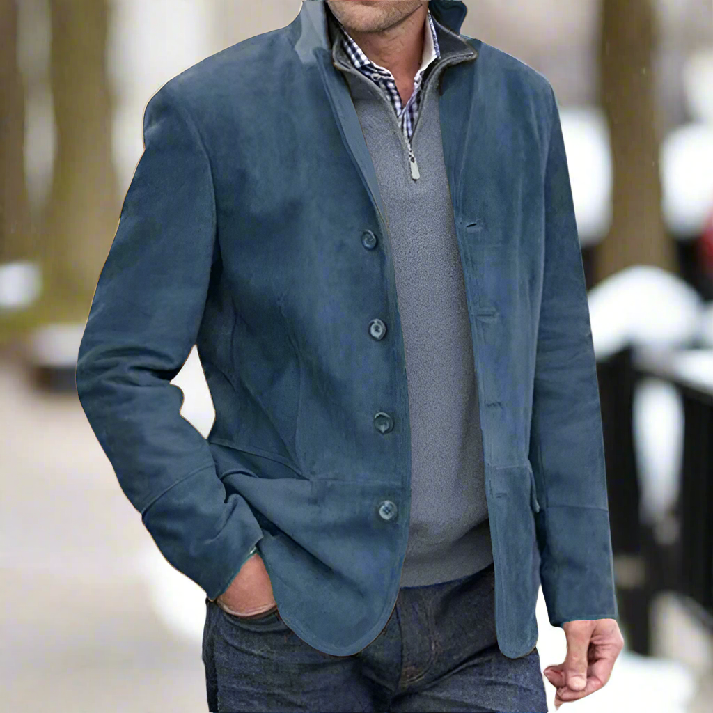 Men’s Suede Jacket – Tailored Fit – Notch Lapel – Button Closure – Hip Length