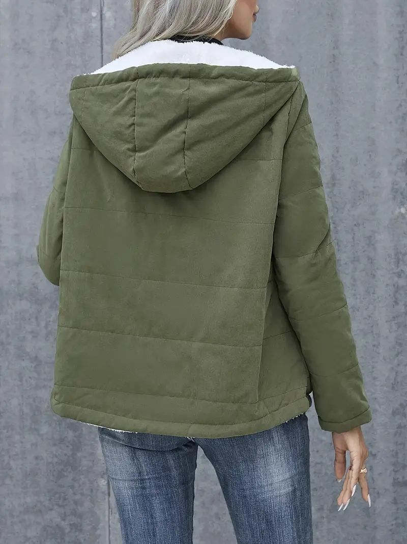 Women’s Short Coat – Quilted Fabric – Fleece Lined Hood – Relaxed Fit – Full Zip