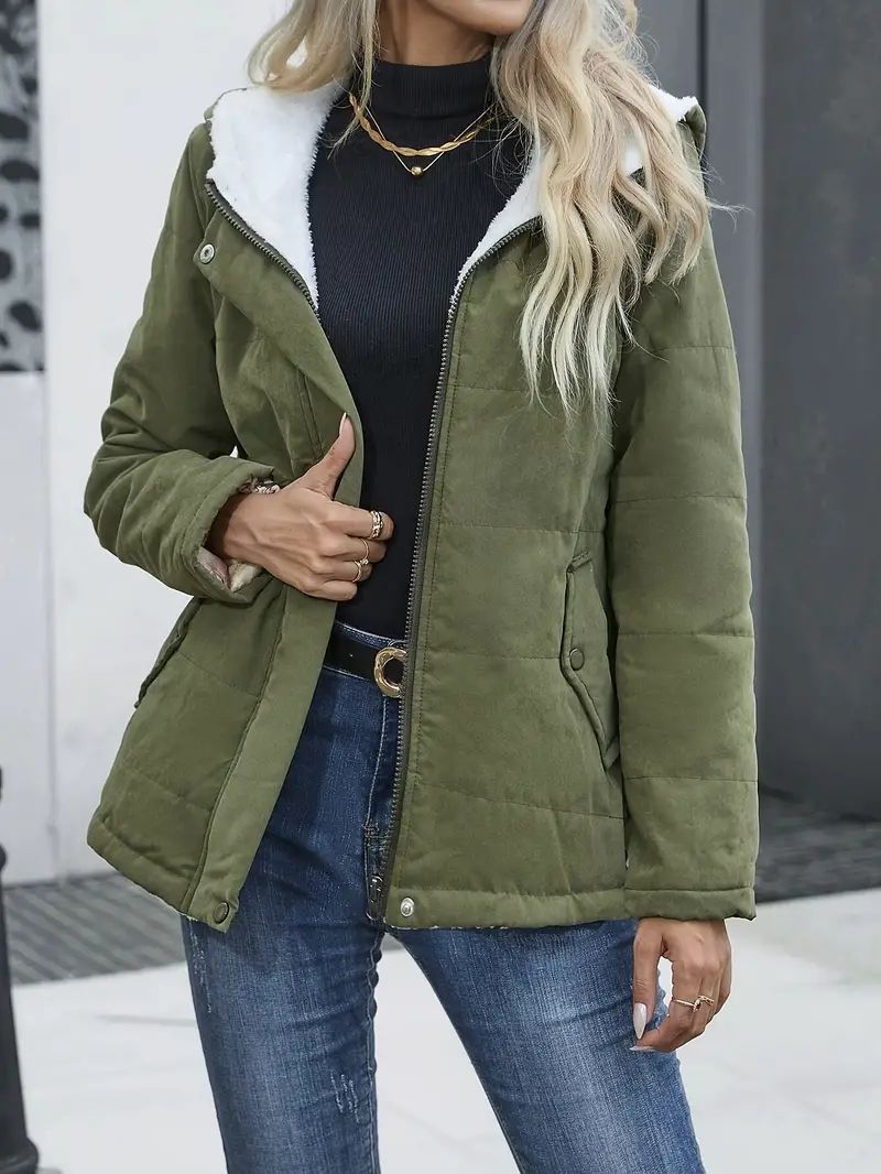 Women’s Short Coat – Quilted Fabric – Fleece Lined Hood – Relaxed Fit – Full Zip