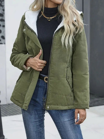 Women’s Short Coat – Quilted Fabric – Fleece Lined Hood – Relaxed Fit – Full Zip