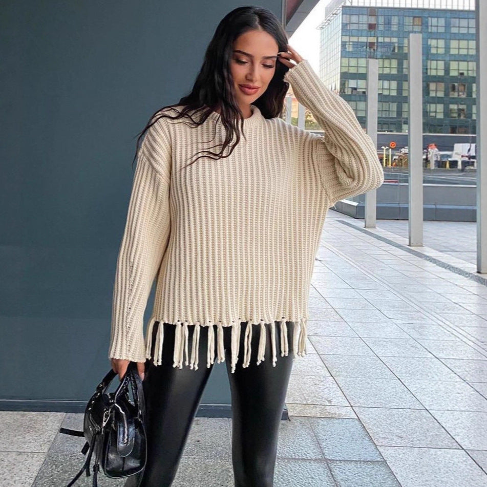 Women’s Oversized Pullover Sweater – Chunky Knit – Wool Blend – Ribbed – Fringe Hem