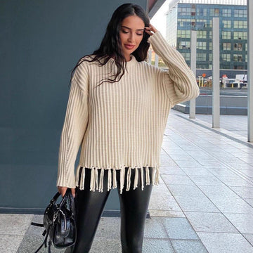Women’s Oversized Pullover Sweater – Chunky Knit – Wool Blend – Ribbed – Fringe Hem