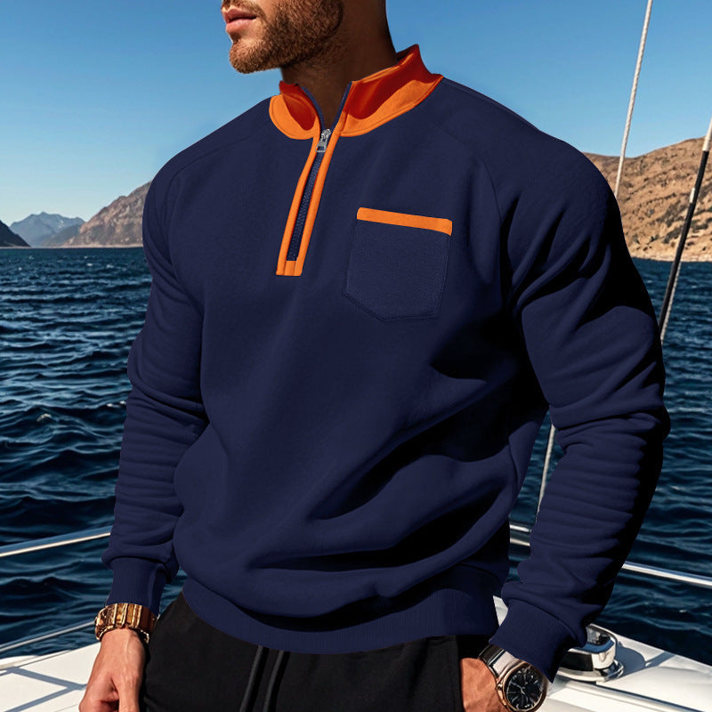 Men’s Pullover – Cotton Knit – Stand Collar – Half Zip – Chest Pocket – Casual Fit