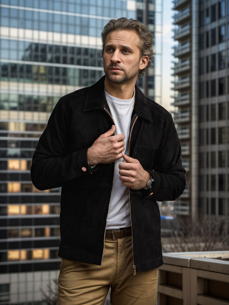 Men’s Suede Jacket – Slim Fit – Zipper Front – Stand Collar – Hip Length Casual Layer