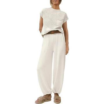 Women’s Knit Sweater Set – Cropped Short Sleeve Top with Chest Pocket – Wide Leg Trousers