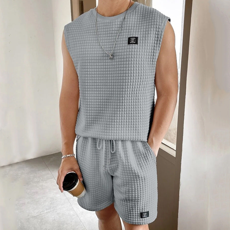 Men’s Lounge Set – Waffle Knit – Relaxed Fit – Sleeveless Top and Drawstring Shorts