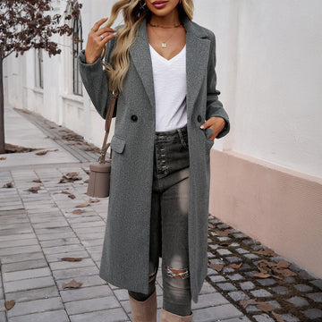 Women’s Long Coat – Wool Blend – Relaxed Fit – Double Breasted – Notched Lapel
