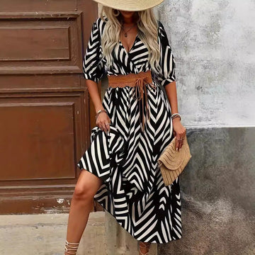 Women’s Midi Dress – A-Line Fit – V-Neck Wrap – Puff Sleeve – Belted Waist – Geometric Pattern