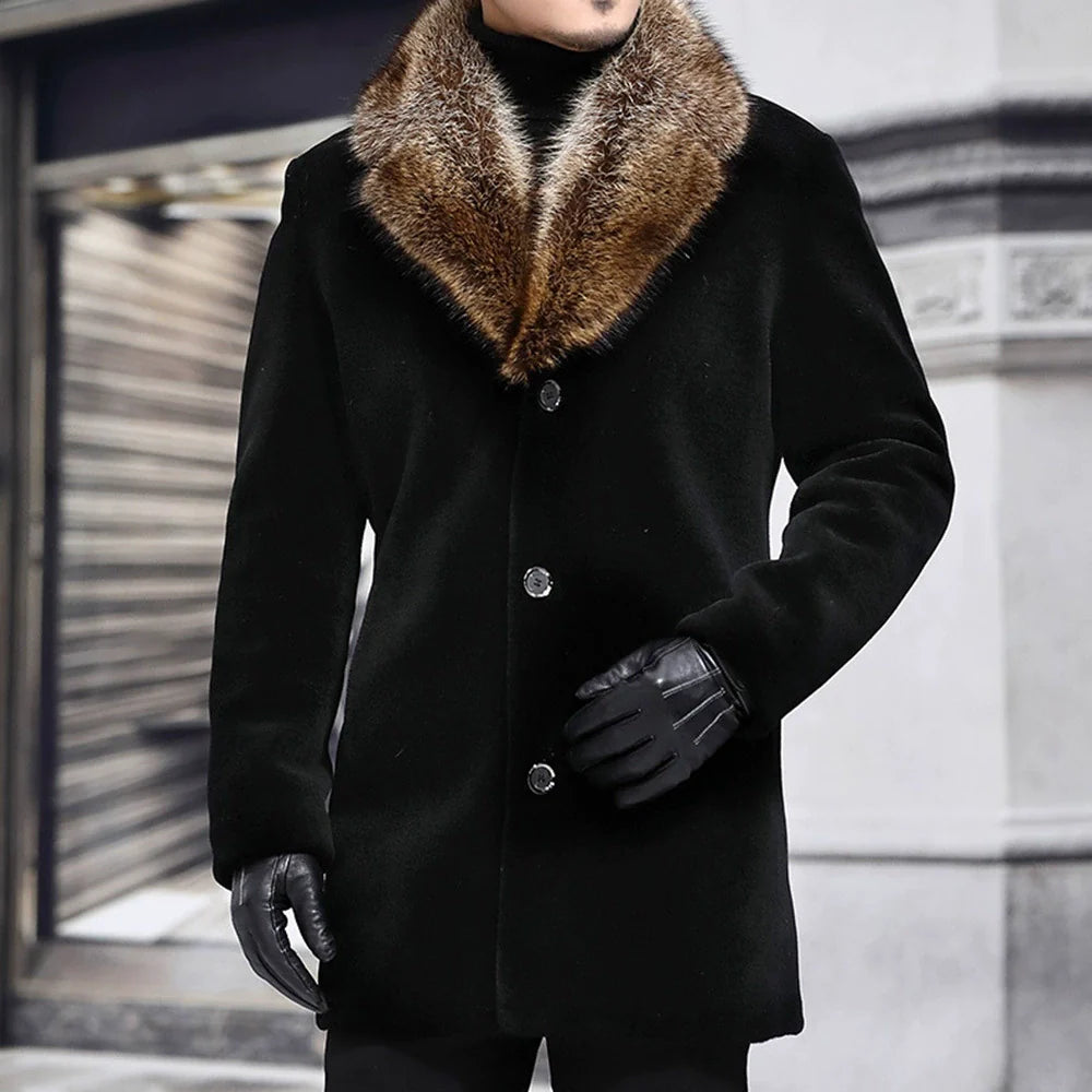 Men’s Mid-Length Coat – Structured Fit – Shaggy Fur V-Collar – Button Closure